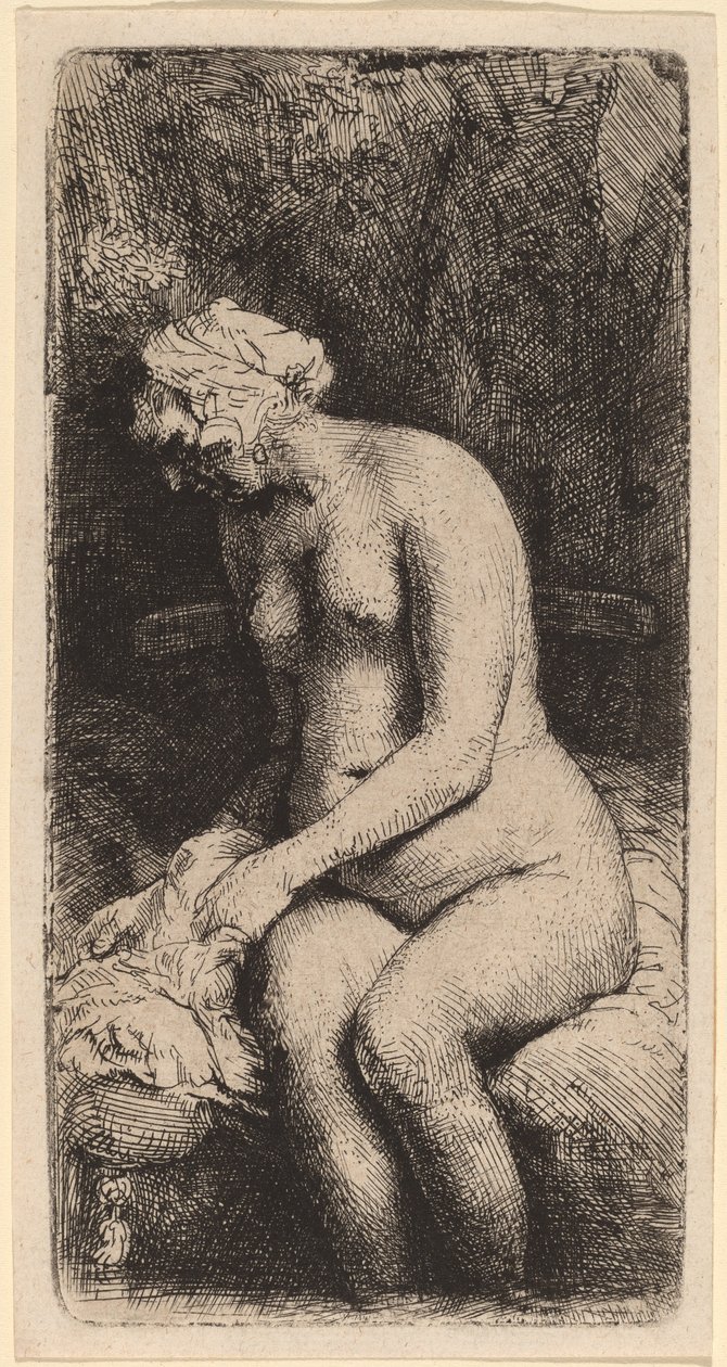 Meztelenül ül egy padon, párnával (nő, aki egy pataknál fürdeti a lábát) alkotó: Rembrandt van Rijn