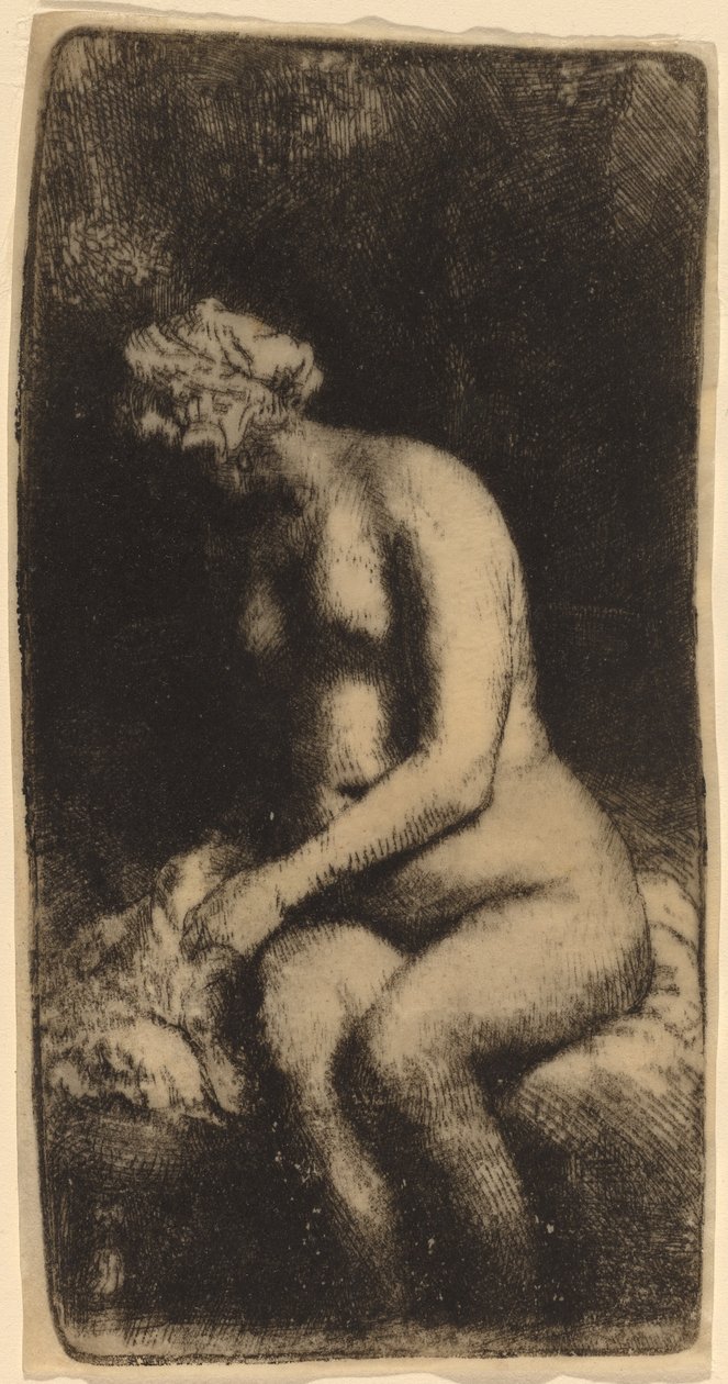 Meztelenül ül egy padon, párnával (nő, aki egy pataknál fürdeti a lábát) alkotó: Rembrandt van Rijn