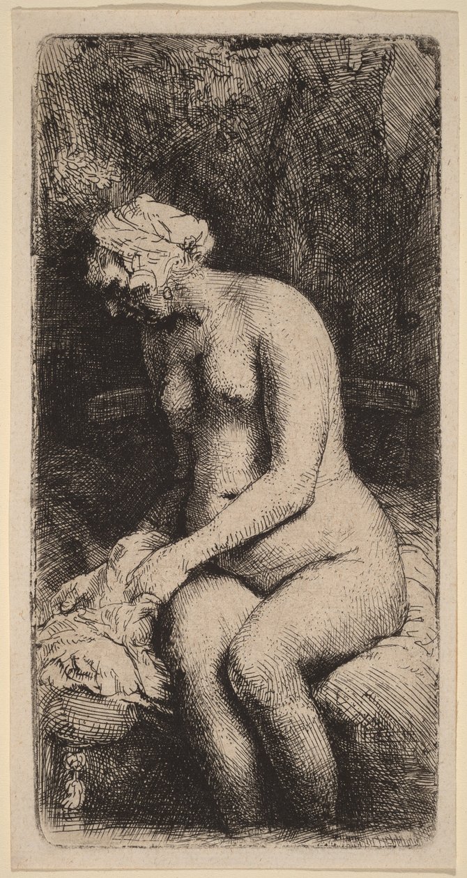 Meztelen nő ül egy padon egy párnával (Nő, aki egy pataknál mossa a lábát) alkotó: Rembrandt van Rijn