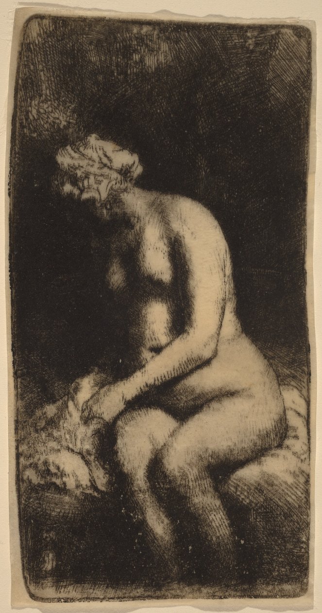 Meztelen nő ül egy padon egy párnával (Nő, aki egy pataknál mossa a lábát) alkotó: Rembrandt van Rijn