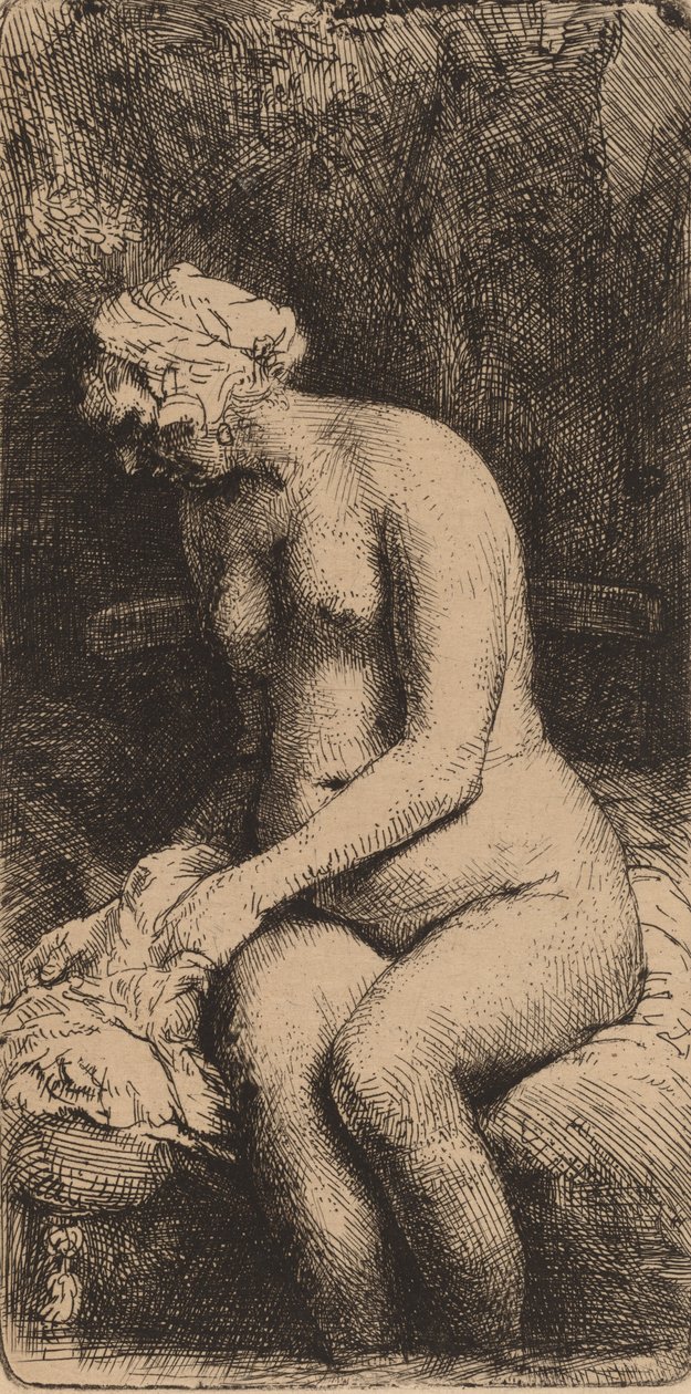 Akt egy padon ülve egy párnás nővel, aki lábát fürdeti egy pataknál, 1658. alkotó: Rembrandt van Rijn