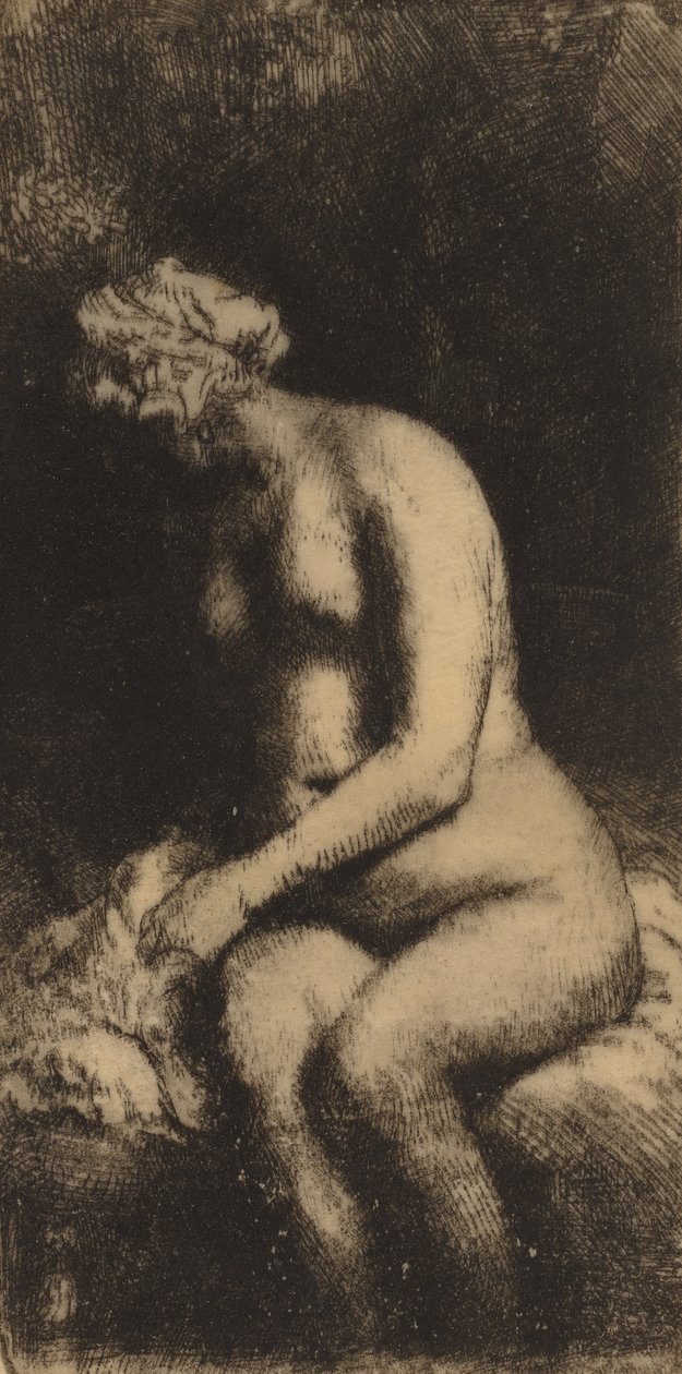 Akt egy padon ülve egy párnás nővel, aki lábát fürdeti egy pataknál, 1658. alkotó: Rembrandt van Rijn