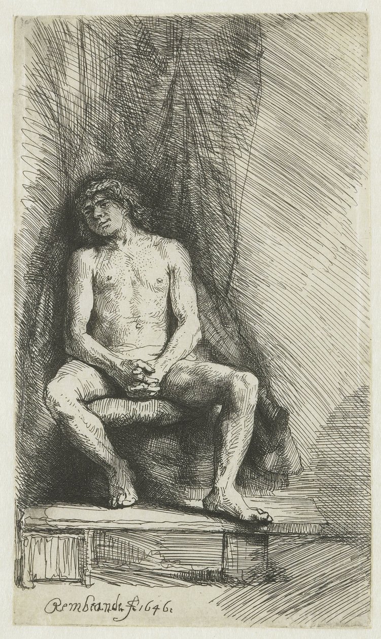 Meztelen fiatalember, függöny előtt ül Meztelen férfi ül a függöny előtt alkotó: Rembrandt van Rijn