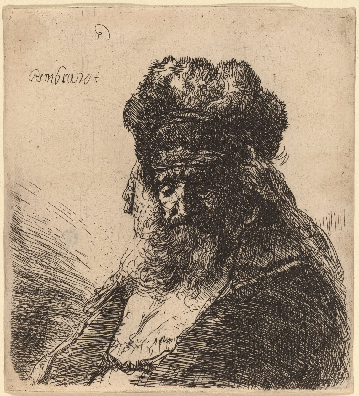 Idős szakállas férfi magas szőrme sapkában, csukott szemmel alkotó: Rembrandt van Rijn