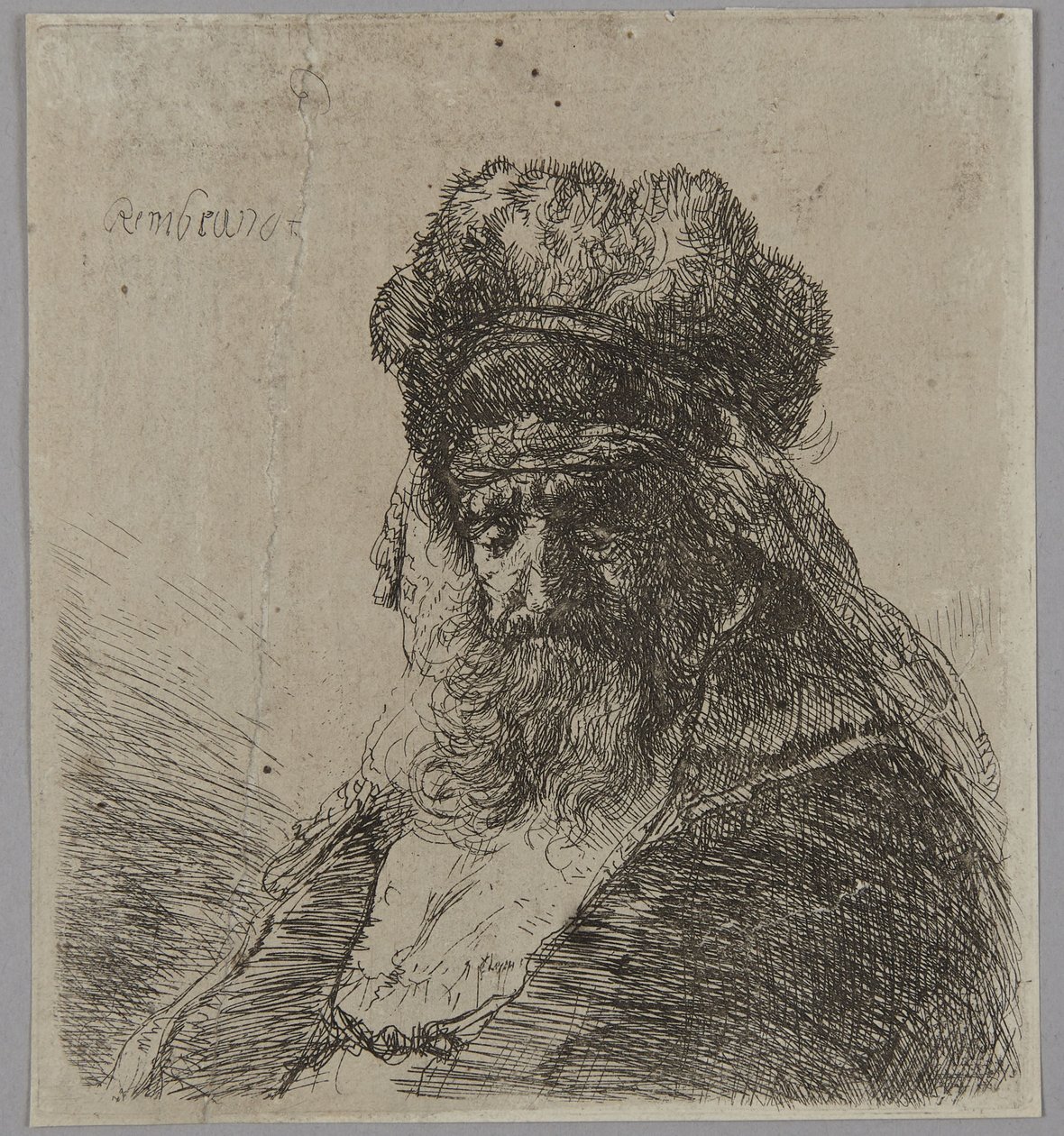 Öreg, szakállas férfi magas szőrme sapkában, csukott szemmel alkotó: Rembrandt van Rijn