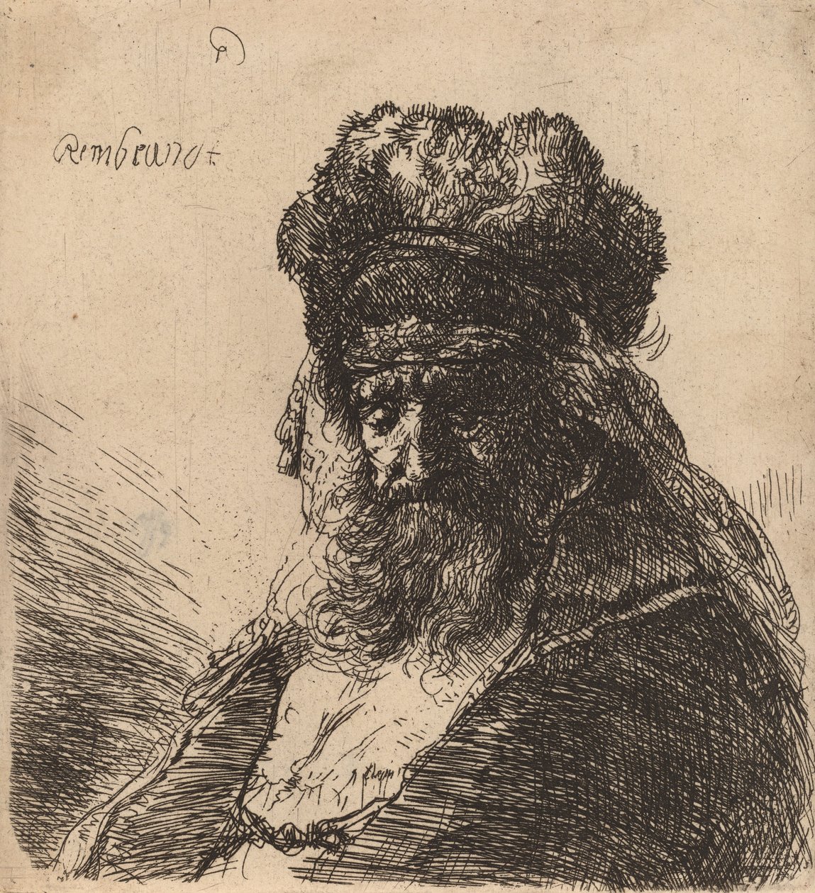 Idős szakállas férfi magas szőrme sapkában, csukott szemmel, c. 1635. alkotó: Rembrandt van Rijn