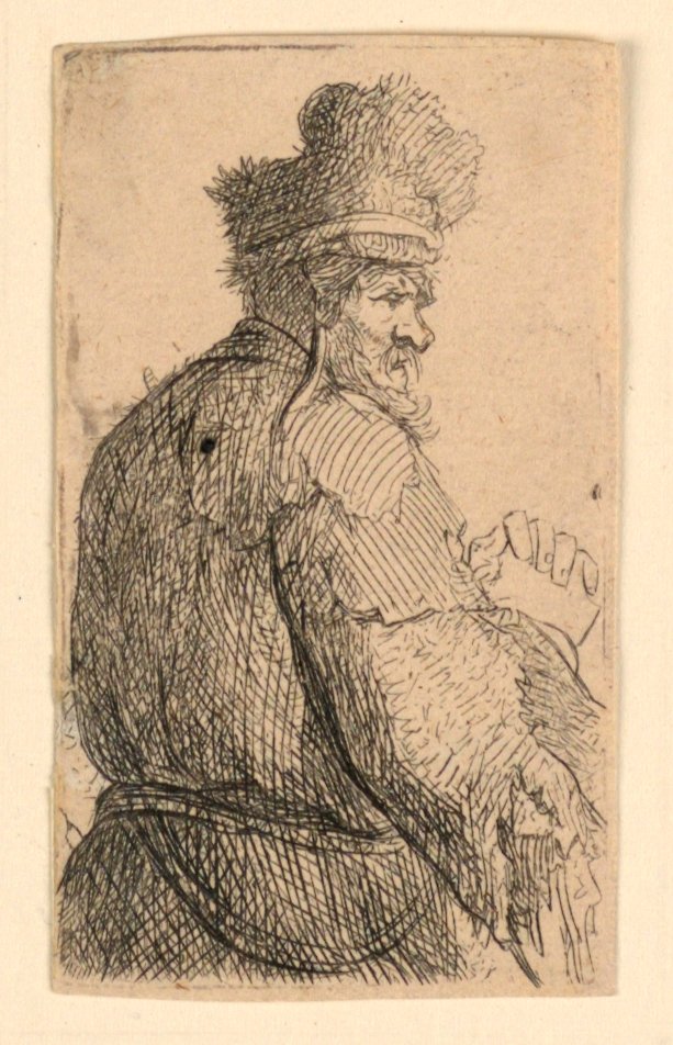 Öreg ember hátulról nézve, profil jobbra: fél alak alkotó: Rembrandt van Rijn