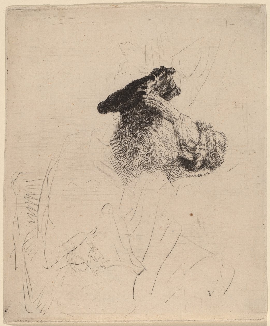Öreg ember árnyékolja a szemét a kezével alkotó: Rembrandt van Rijn