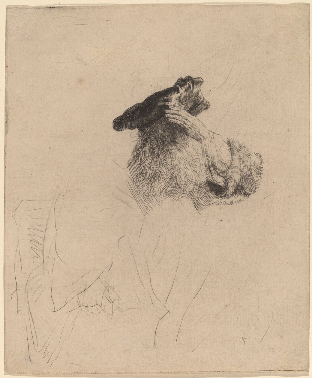 Öreg ember árnyékolja a szemét a kezével alkotó: Rembrandt van Rijn