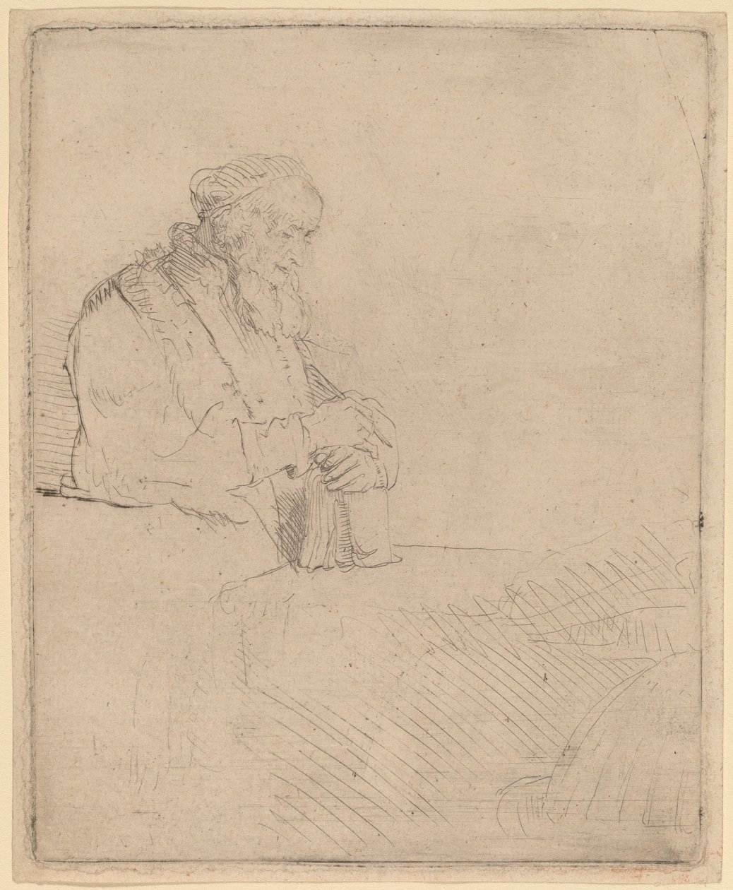 Öreg ember meditációban, egy könyvre támaszkodva alkotó: Rembrandt van Rijn