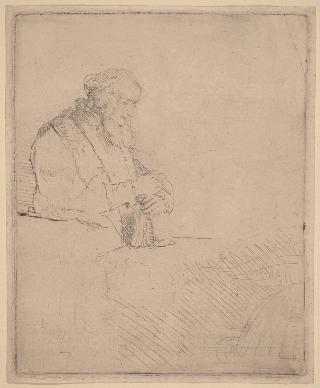 Meditáló öregember, aki egy könyvre támaszkodik alkotó: Rembrandt van Rijn