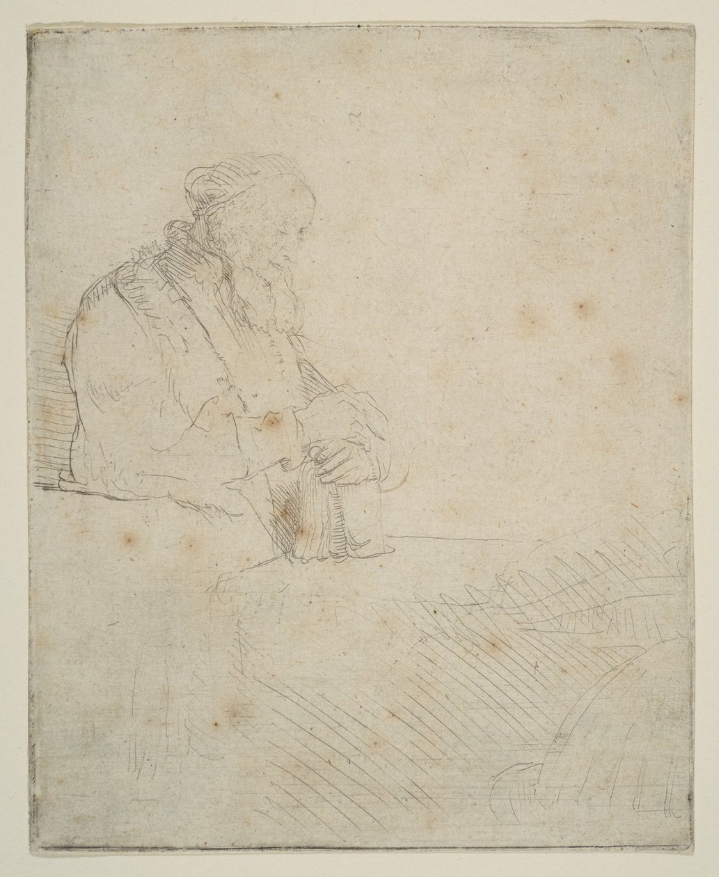 Öreg ember meditációban, egy könyvre támaszkodva, kb. 1645. alkotó: Rembrandt van Rijn