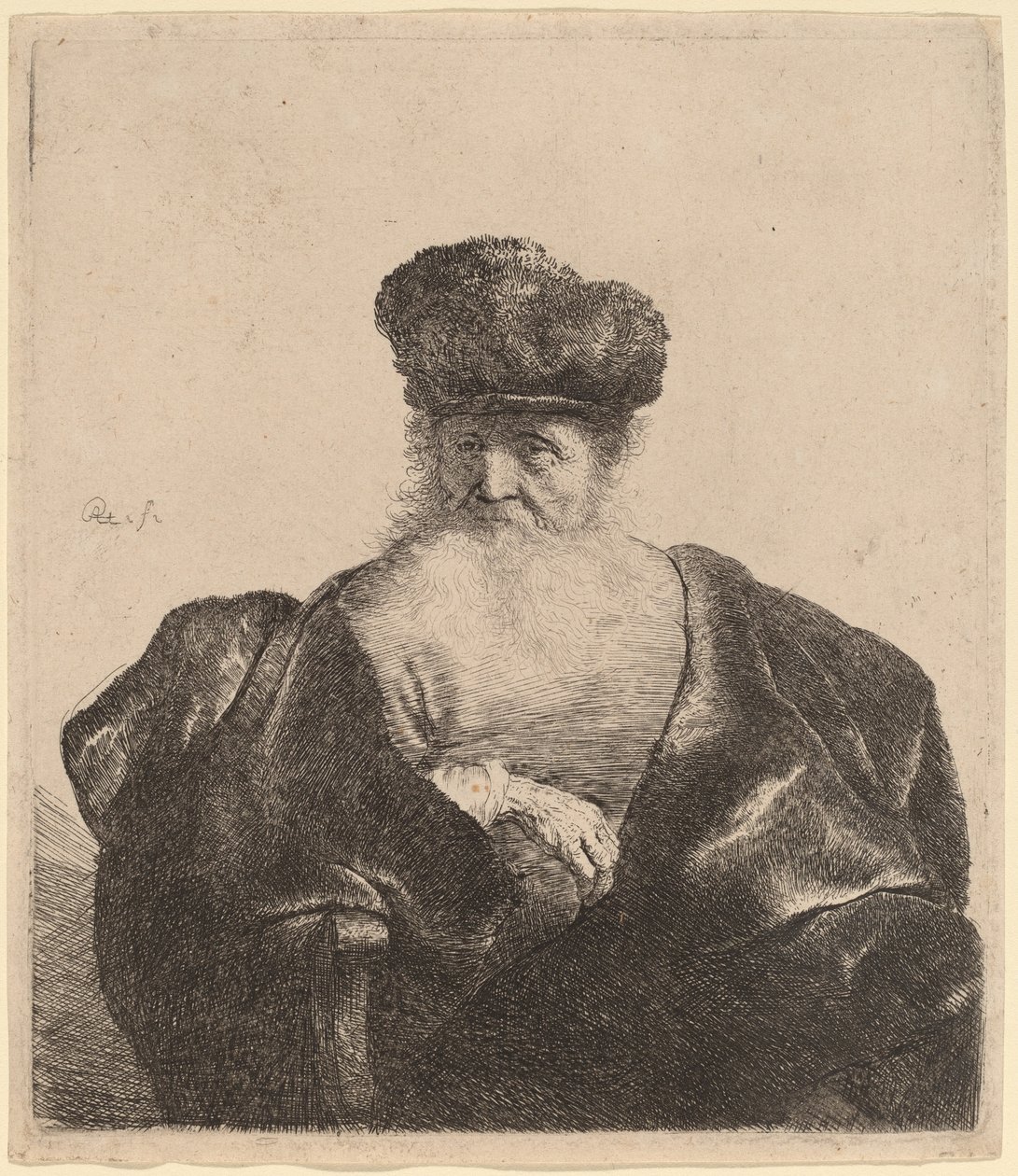Öreg férfi szakállal, szőrme sapkával és bársonyköpennyel alkotó: Rembrandt van Rijn