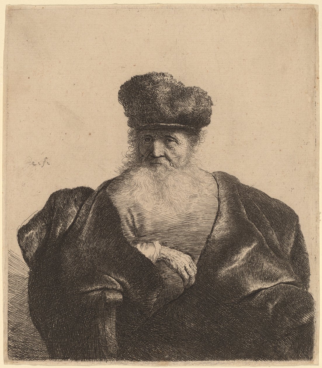 Öreg férfi szakállal, szőrme sapkával és bársonyköpennyel alkotó: Rembrandt van Rijn