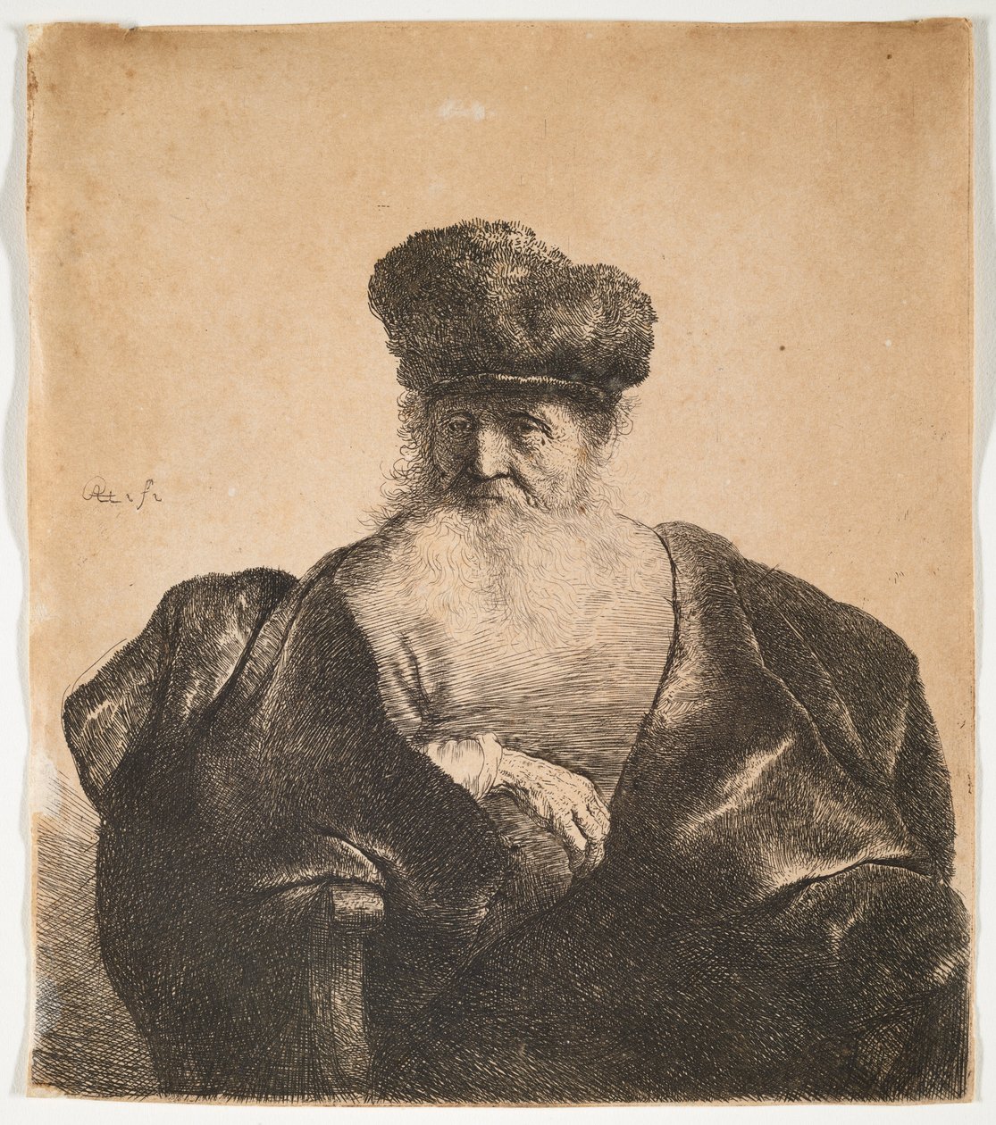 Öregember szakállal, szőrme sapkával és bársonyköpennyel alkotó: Rembrandt van Rijn