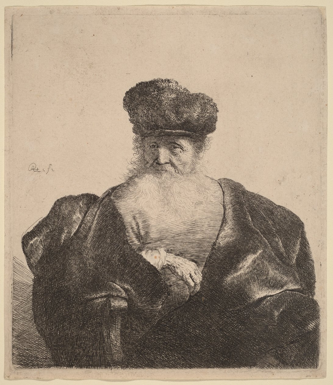 Öregember szakállal, szőrme sapkával és bársonyköpennyel alkotó: Rembrandt van Rijn