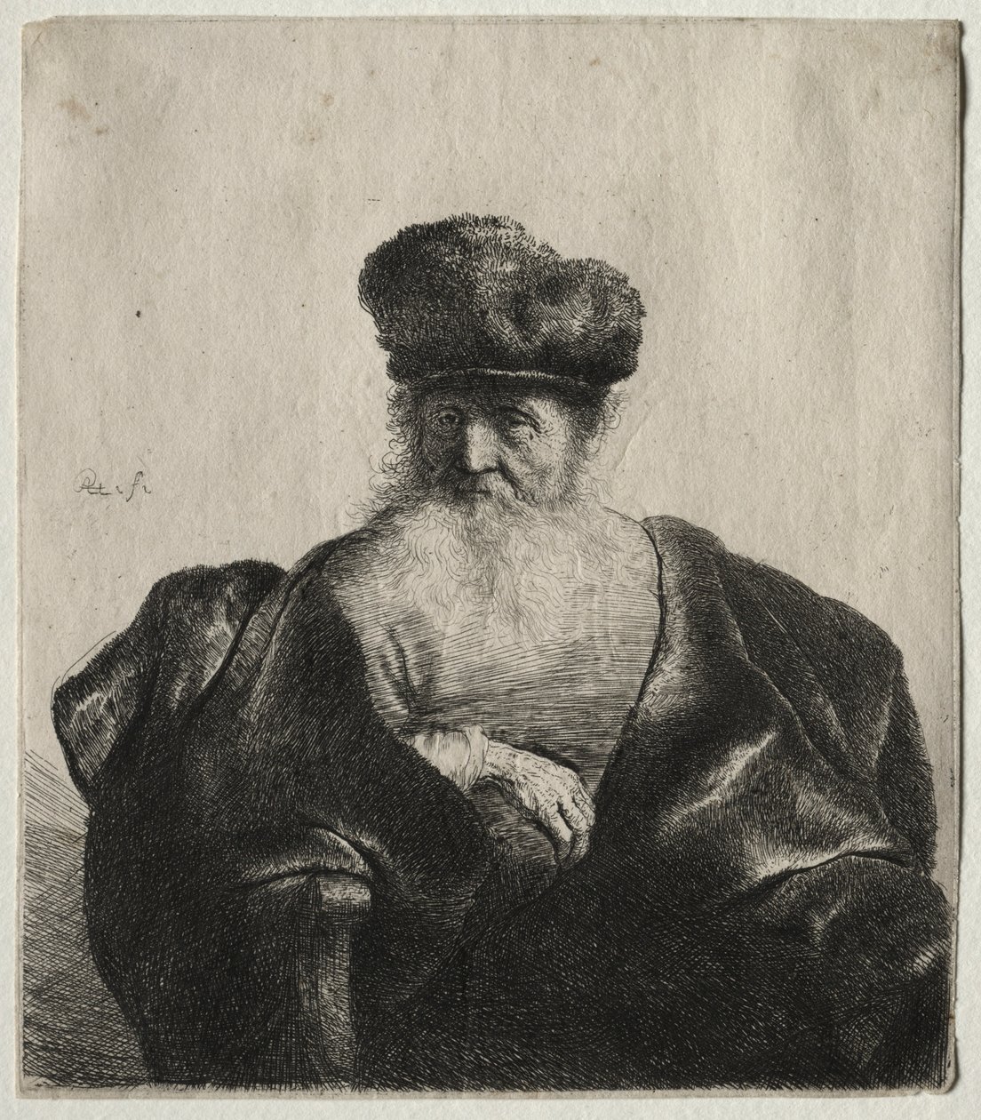 Szakállas, szőrsapkás és bársonyköpenyes öregember c. 1632. alkotó: Rembrandt van Rijn