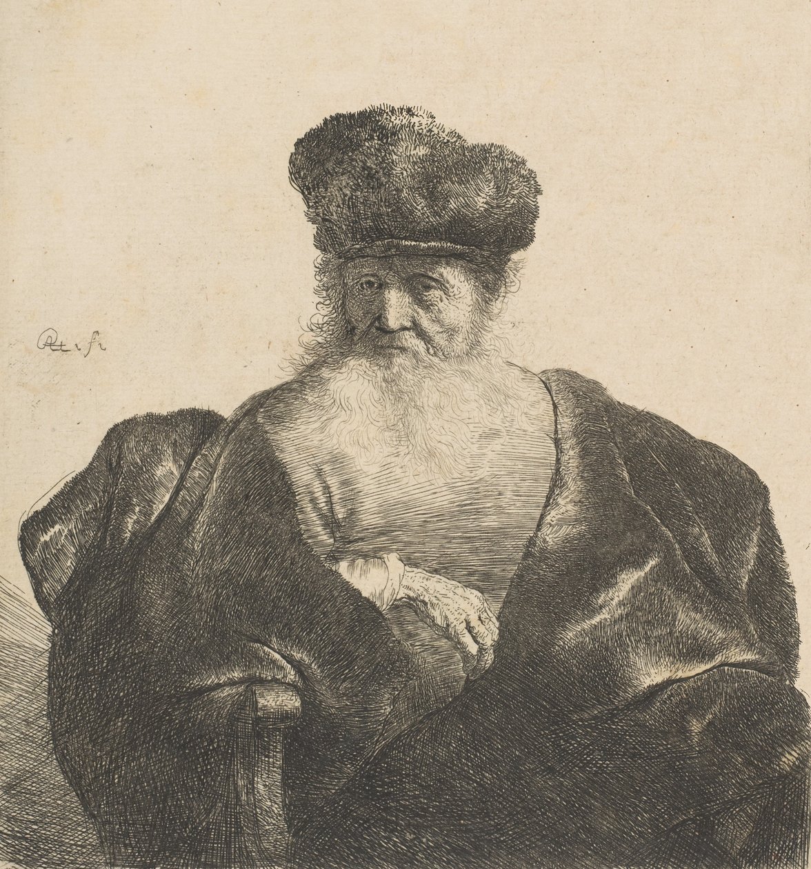 Szakállas, szőrsapkás és bársonyköpenyes öregember, kb. 1631., kb. 1631. alkotó: Rembrandt van Rijn