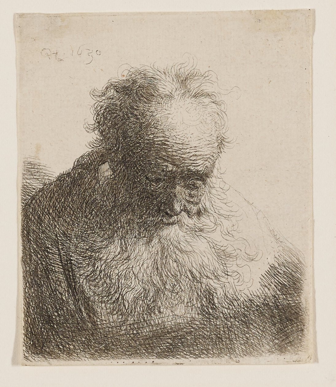 Hosszú szakállú öregember (előre hajtott fejjel, bal vállán nincs árnyék) alkotó: Rembrandt van Rijn