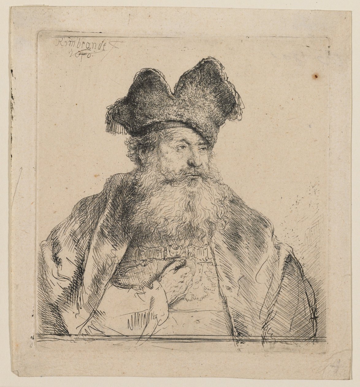 Öregember hasított szőrme sapkával alkotó: Rembrandt van Rijn
