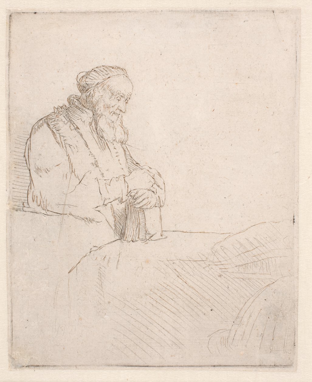 Meditáló öregember, aki egy könyvre támaszkodik alkotó: Rembrandt van Rijn