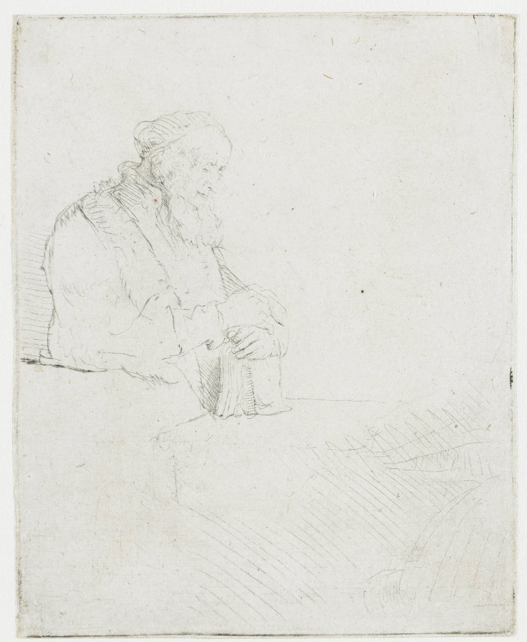 Meditáló öregember, aki egy könyvre támaszkodik alkotó: Rembrandt van Rijn