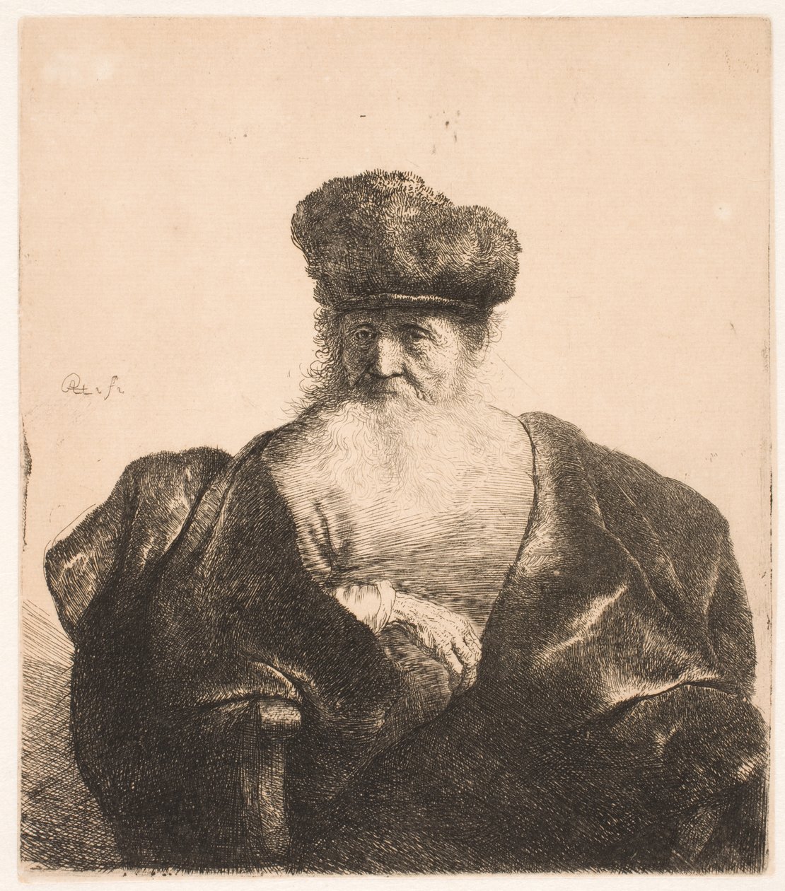 Ülő öregember, hosszú szakállal, szőrme sapkával és bársonyköpennyel alkotó: Rembrandt van Rijn