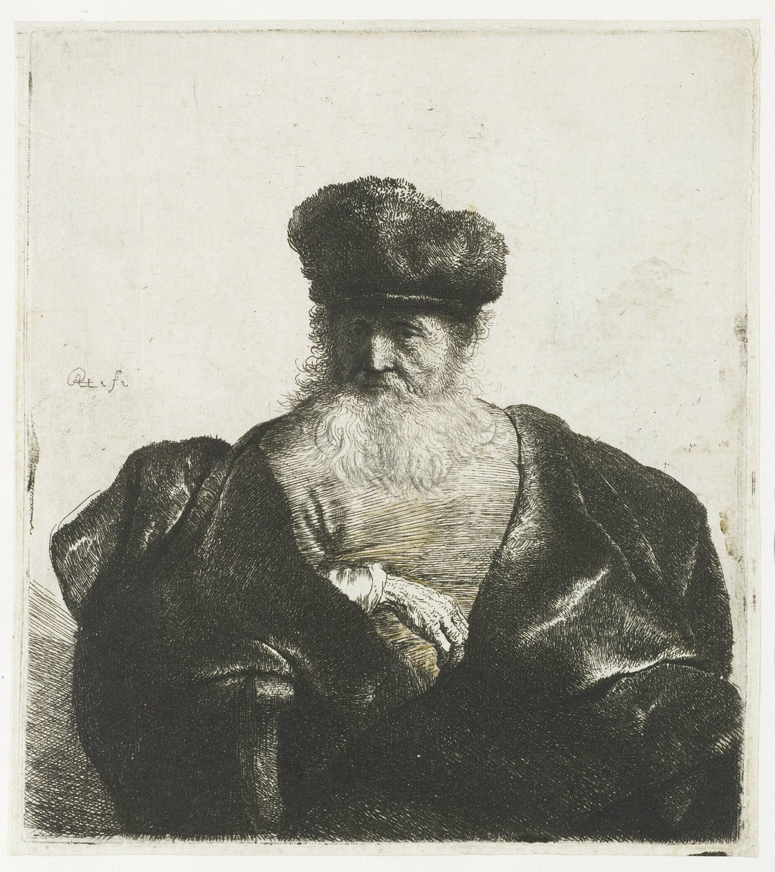 Idős férfi szakállal, prémes sapkával és bársonyköpennyel alkotó: Rembrandt van Rijn