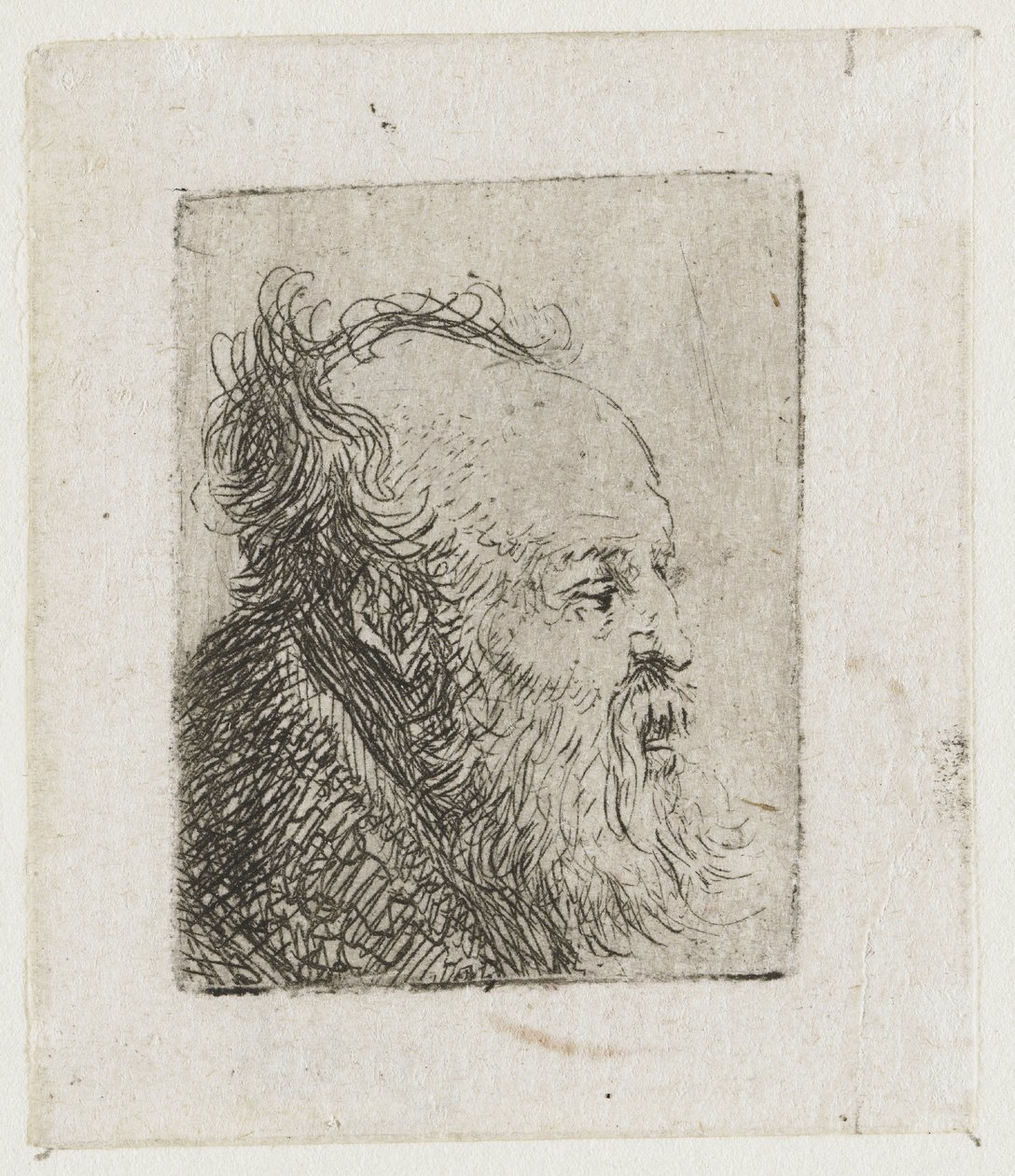 Idős, szakállas férfi, félig nyitott szájjal alkotó: Rembrandt van Rijn