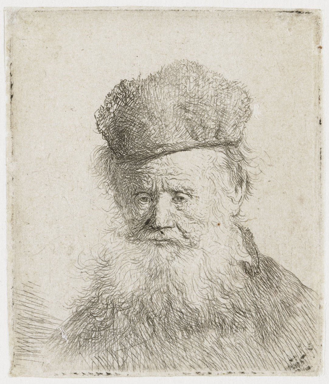 Idős férfi szőrme sapkával és hosszú szakállal alkotó: Rembrandt van Rijn
