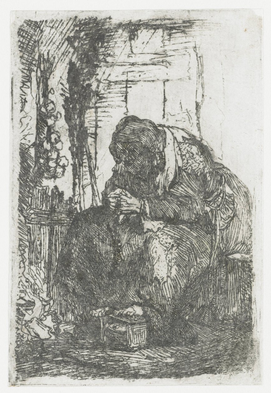 Hagyma mellett ülő idős asszony egy kunyhóban alkotó: Rembrandt van Rijn