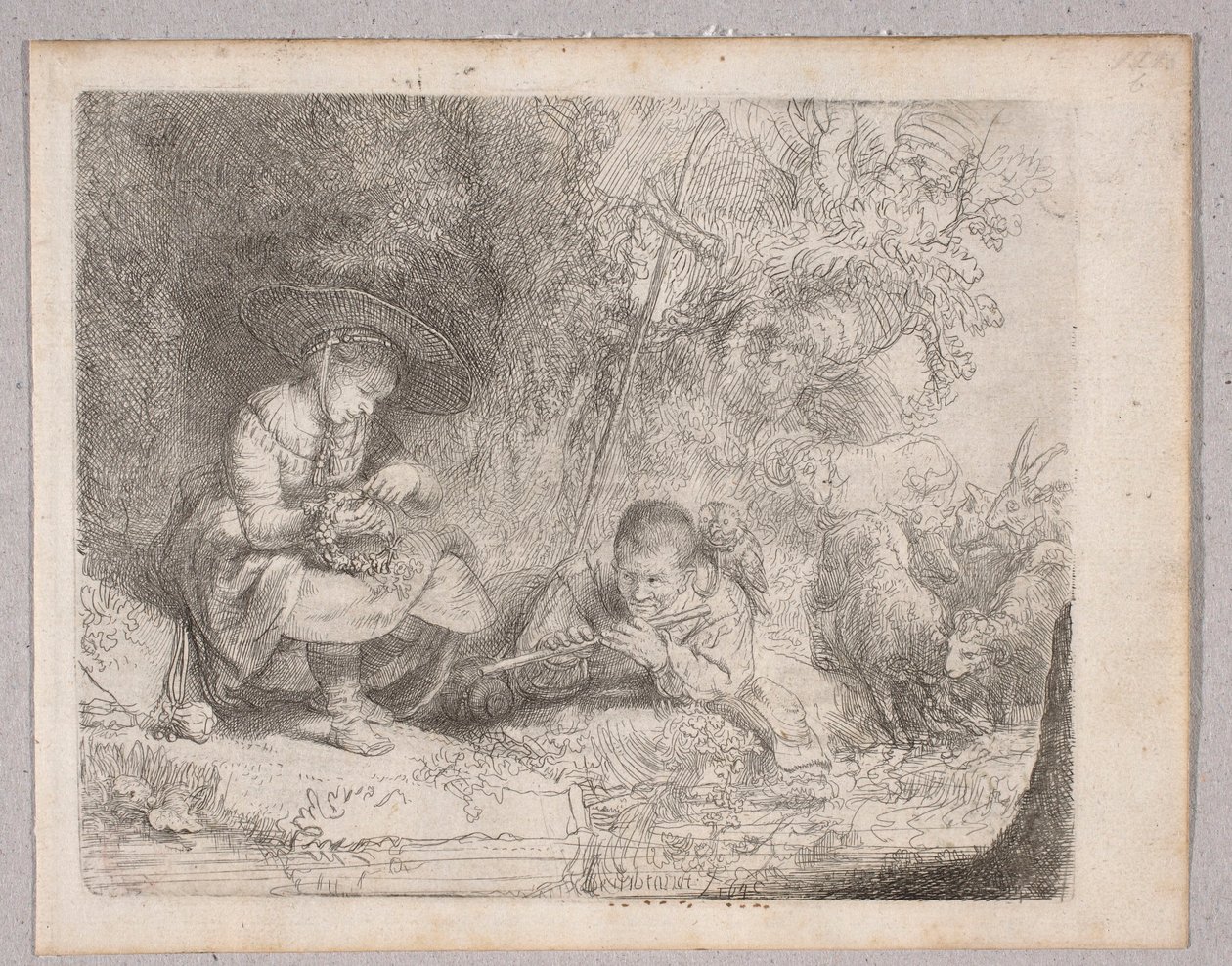 Fuvolán játszó pásztor (Omval-i látkép pásztorlányokkal és fuvolán játszóval) alkotó: Rembrandt van Rijn