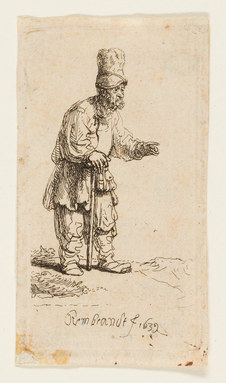 Magas sapkás paraszt, botra támaszkodva állva alkotó: Rembrandt van Rijn