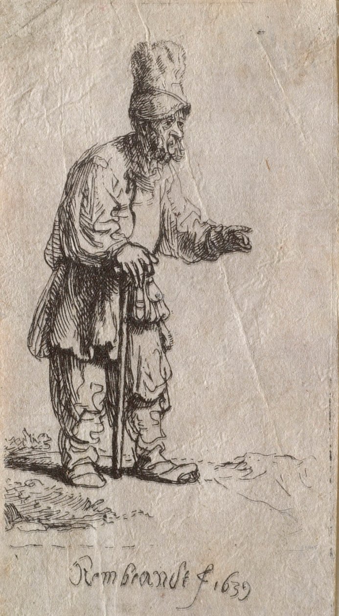Magas sapkás paraszt, állva, botra támaszkodva alkotó: Rembrandt van Rijn