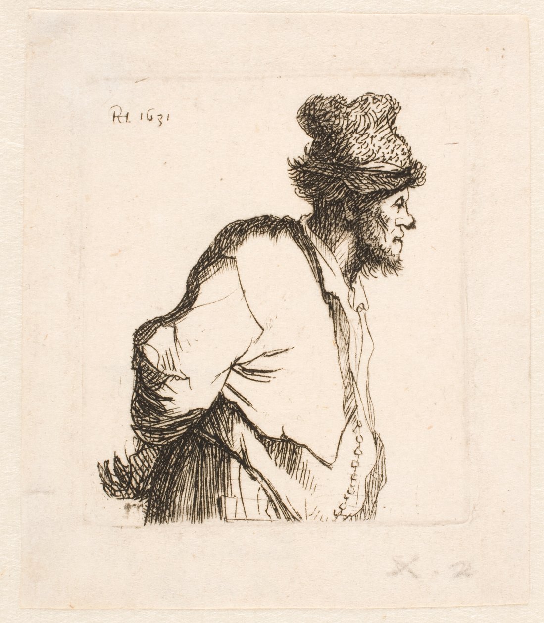 Paraszt, kezét a háta mögött tartva alkotó: Rembrandt van Rijn