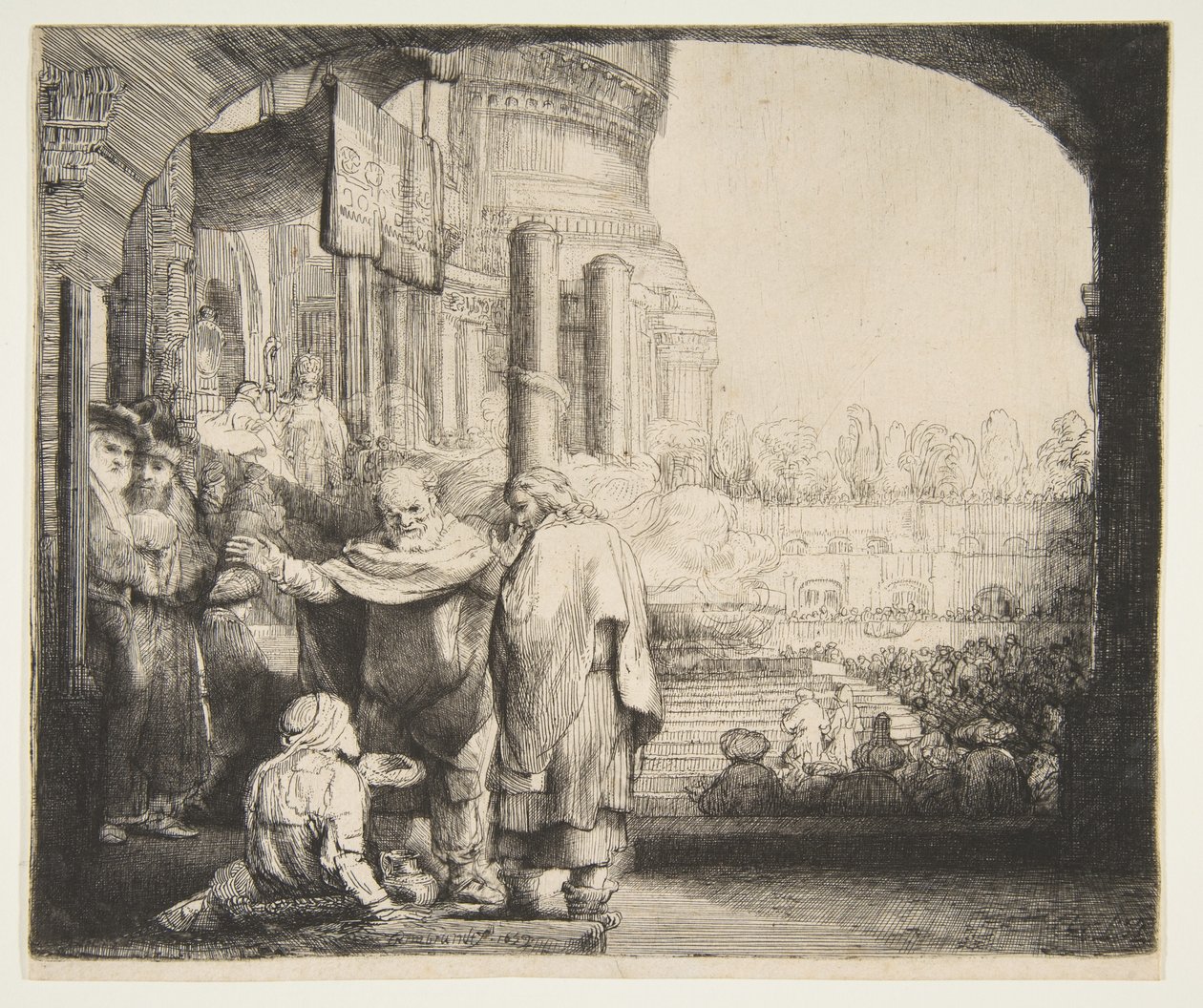 Péter és János a nyomorék gyógyítása a templom kapujában, 1659. alkotó: Rembrandt van Rijn