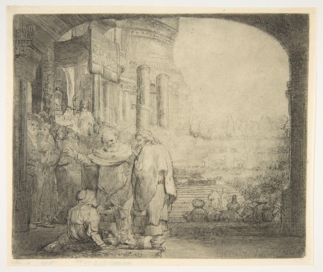 Péter és János a nyomorék gyógyítása a templom kapujában, 1659. alkotó: Rembrandt van Rijn