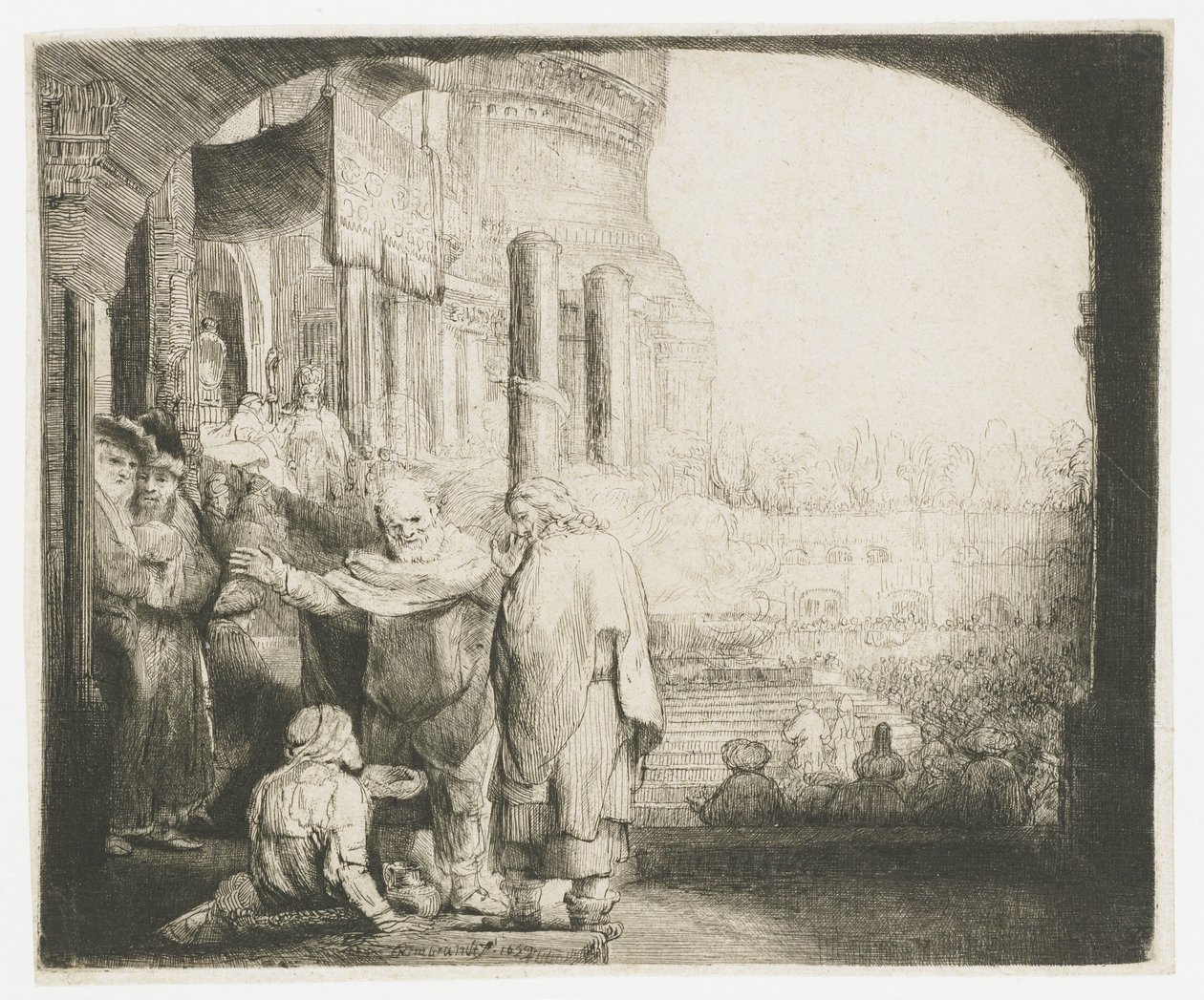 Péter és János a nyomorékot gyógyítják a templom kapujában alkotó: Rembrandt van Rijn