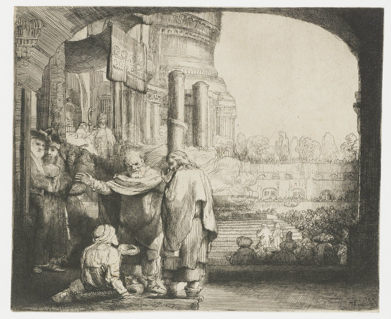Péter és János a nyomorékot gyógyítják a templom kapujában alkotó: Rembrandt van Rijn