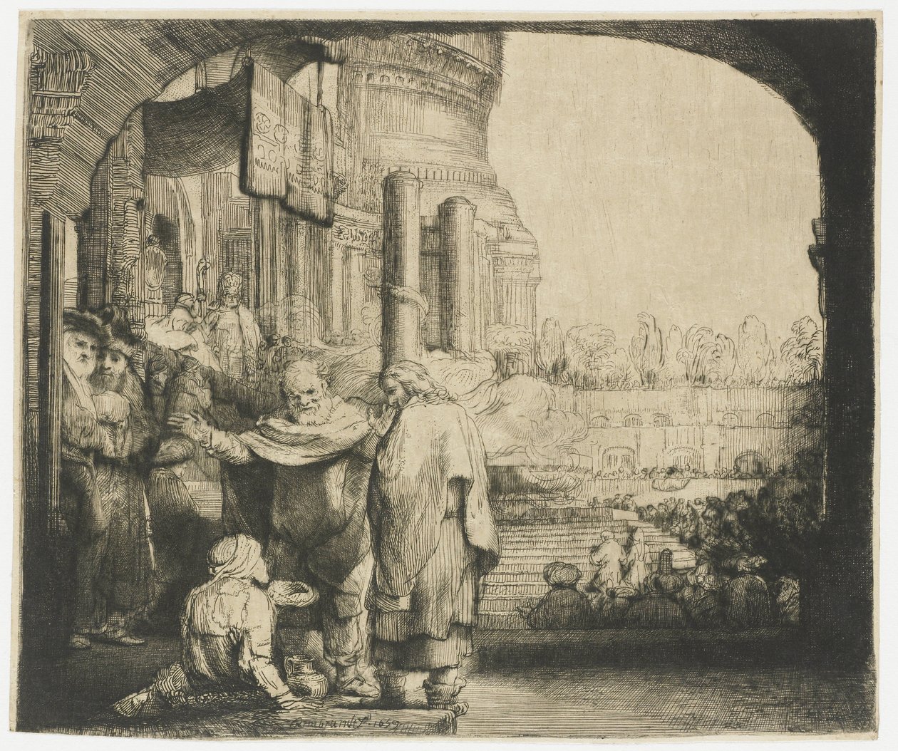 Péter és János a nyomorékot gyógyítják a templom kapujában alkotó: Rembrandt van Rijn