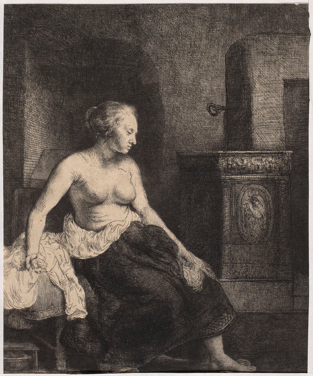A kályha mellett ülő, félig meztelen nő alkotó: Rembrandt van Rijn