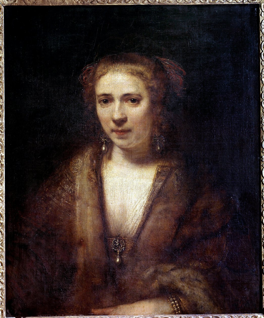 Hendrickje Stoffels (1625-1663) portréja a bársonysapkánál, a festő társa Harmensz Van Rijn Rembrandt festménye (1606-1669) 17. század V. 0,61x0,74 m alkotó: Rembrandt van Rijn