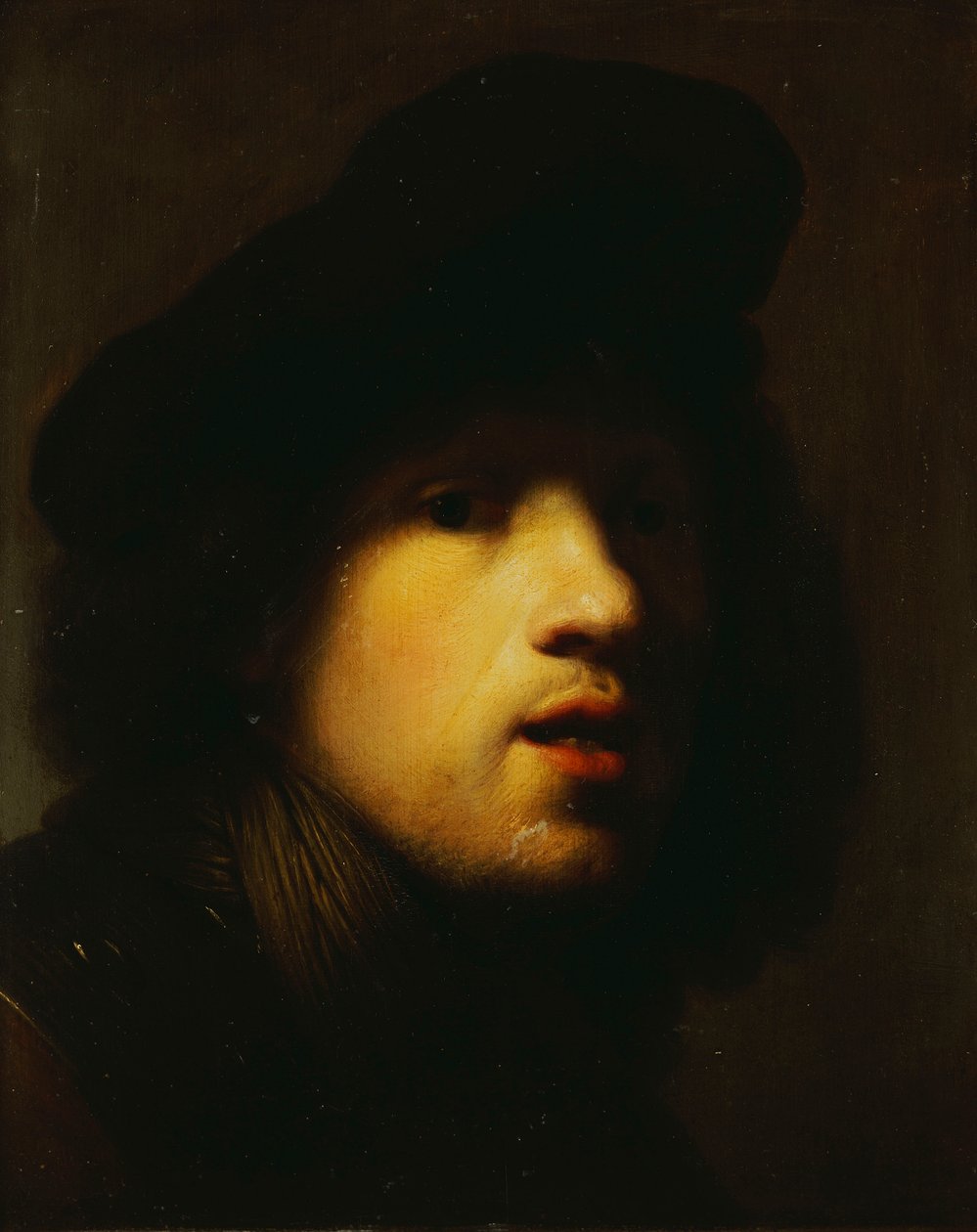A művész portréja, fej és váll, fekete svájcisapkóban és szurdokban alkotó: Rembrandt van Rijn