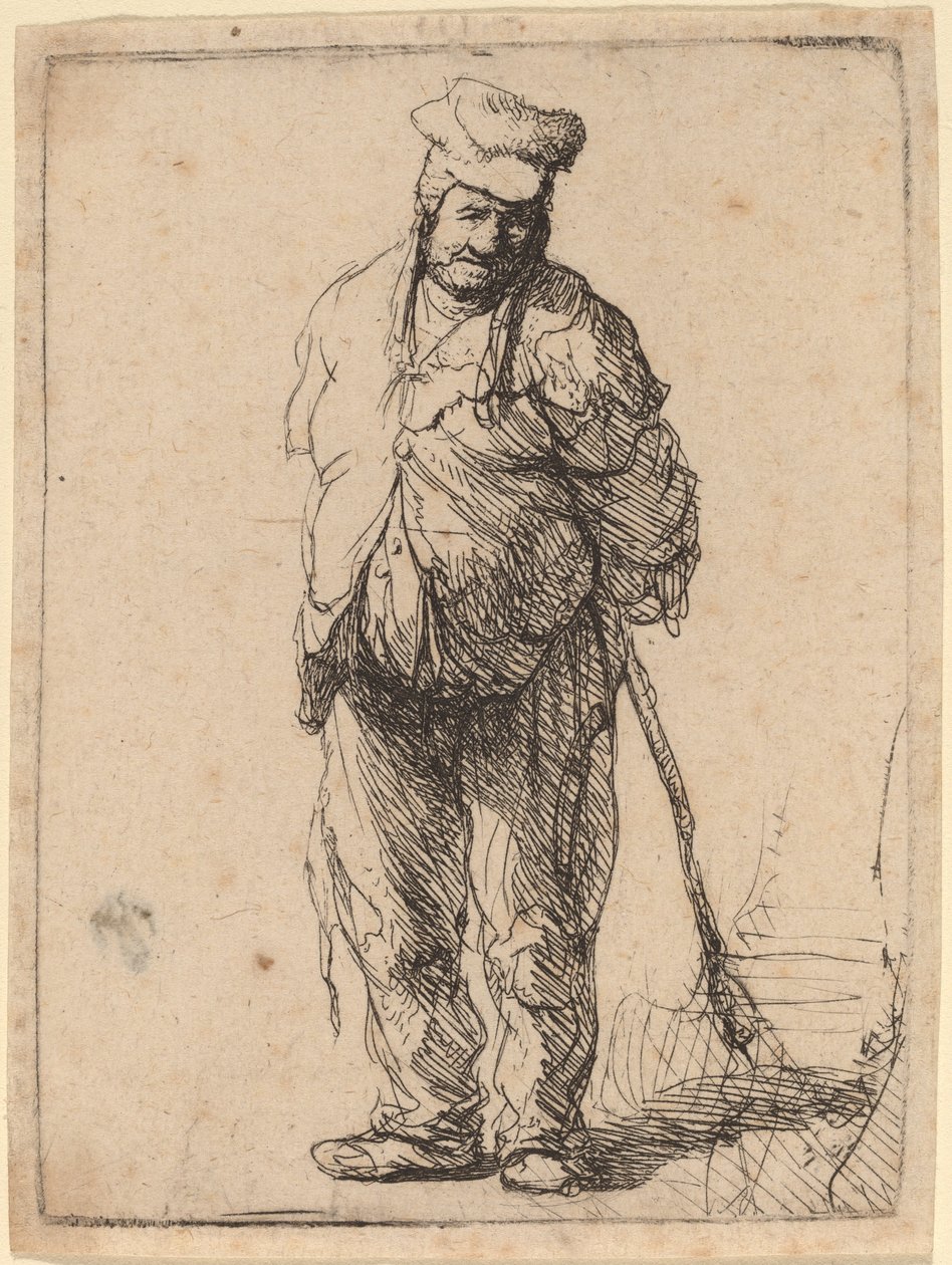Rongyos paraszt, kezével a háta mögött, bottal alkotó: Rembrandt van Rijn