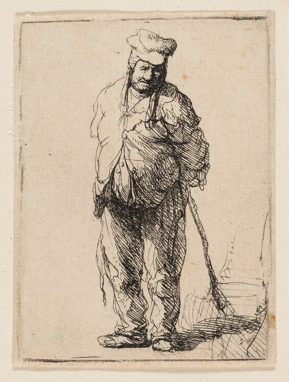Rongyos paraszt, kezével a háta mögött, bottal alkotó: Rembrandt van Rijn