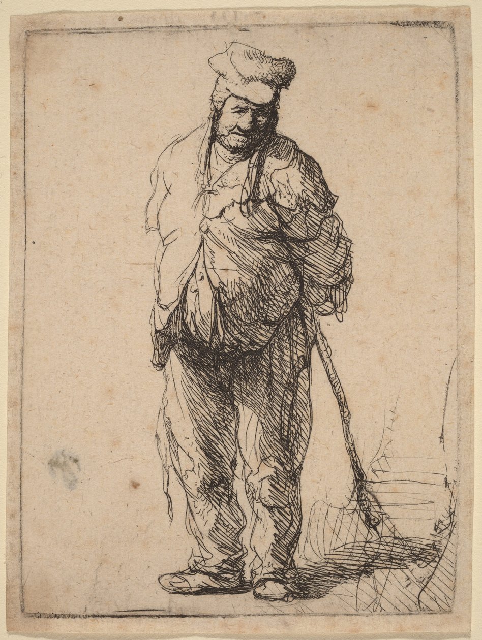 Rongyos parasz, háttal összekulcsolt kézzel, botot tartva alkotó: Rembrandt van Rijn