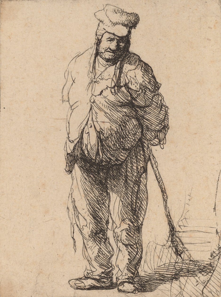 Rongyos paraszt, kezével a háta mögött, bottal, c. 1630. alkotó: Rembrandt van Rijn