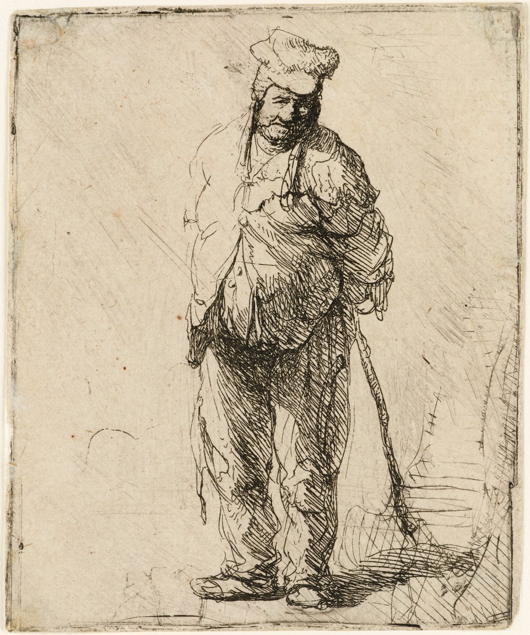 Rongyos paraszt, kezével a háta mögött, bottal, 1630 körül. alkotó: Rembrandt van Rijn