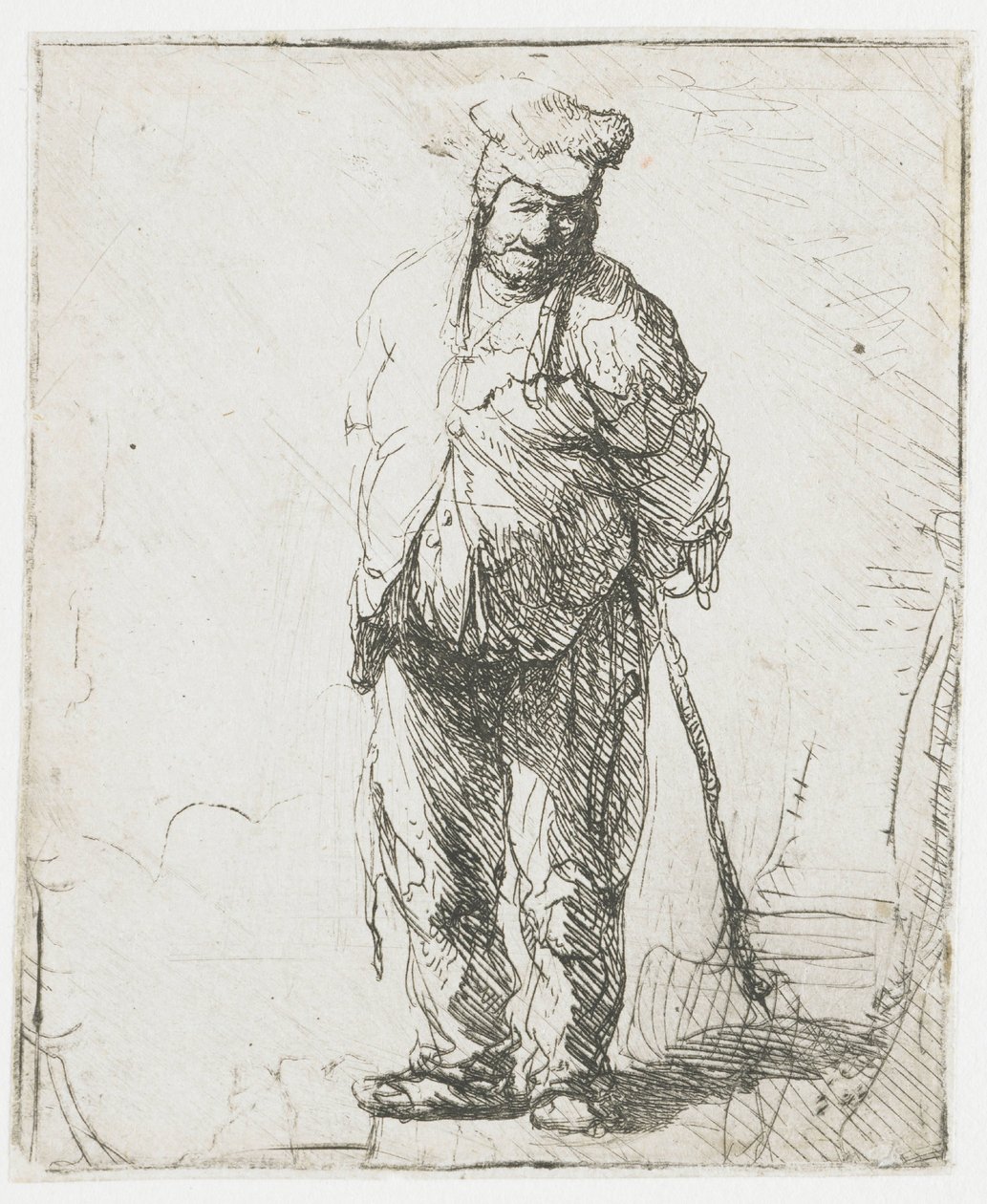 Rongyos parasz, kezeit a háta mögött tartva, egy botot szorongatva alkotó: Rembrandt van Rijn
