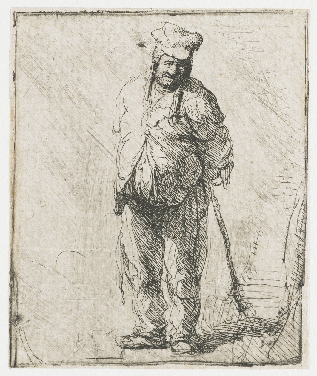 Rongyos parasz, kezeit a háta mögött tartva, egy botot szorongatva alkotó: Rembrandt van Rijn
